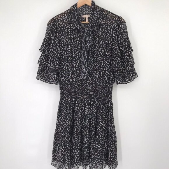 Rebecca Taylor Black  animal print Short Sleeve Dress Ruffle  silk blend size 6 - Picture 5 of 16
